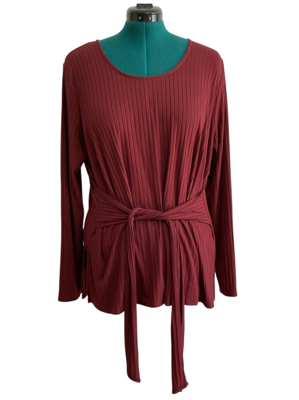 Eloquii Ribbed Tie Waist Long Sleeve Blouse